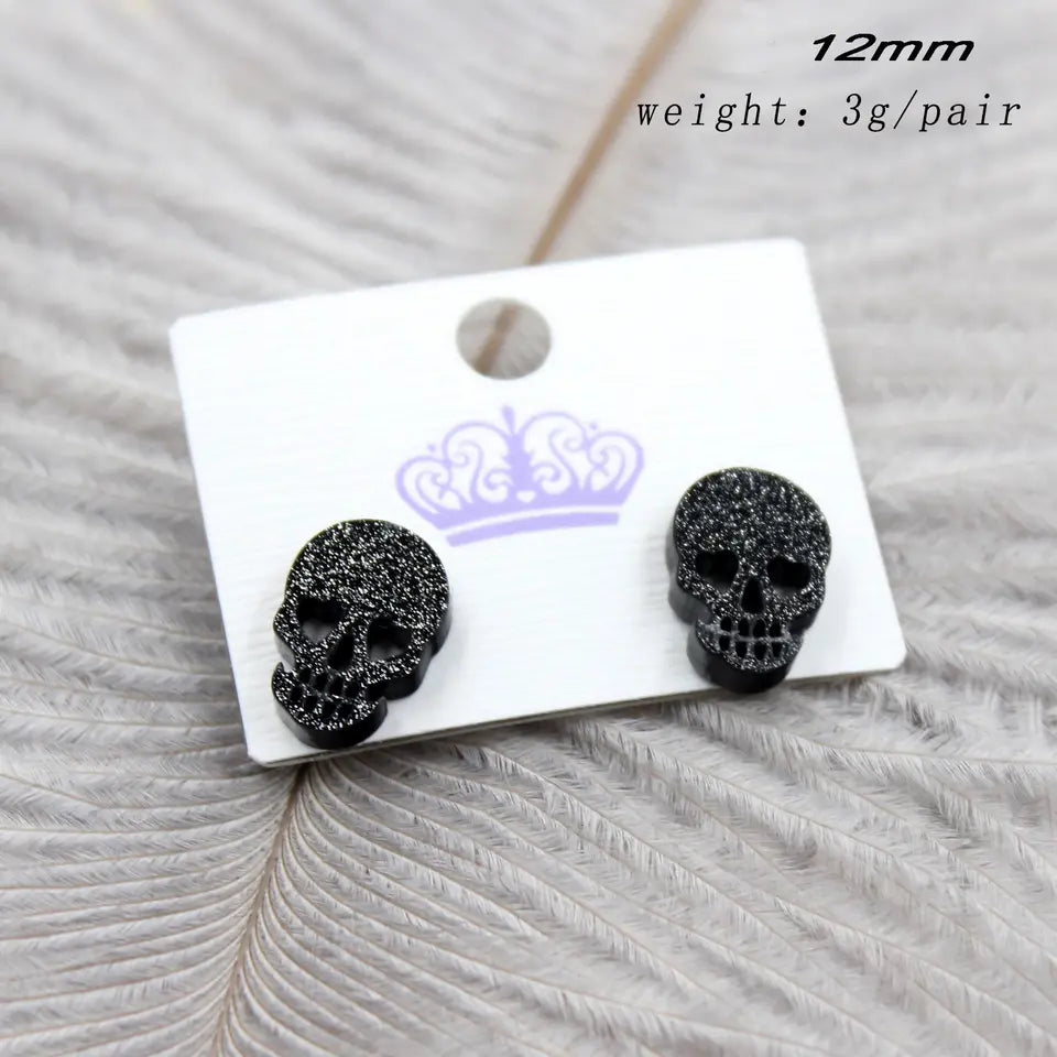Black Glitter Skull Stud Earrings