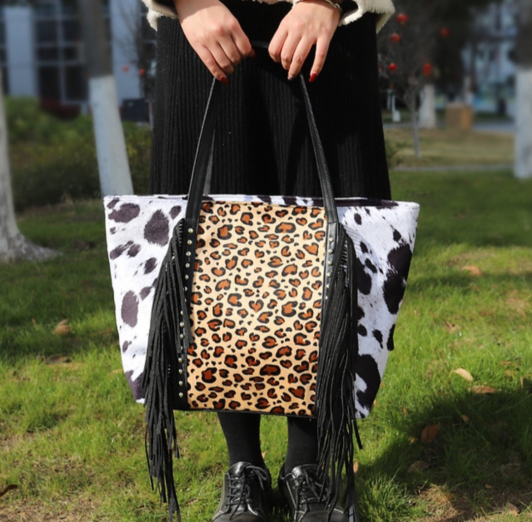Black Cow & Leopard Fringe Handbag