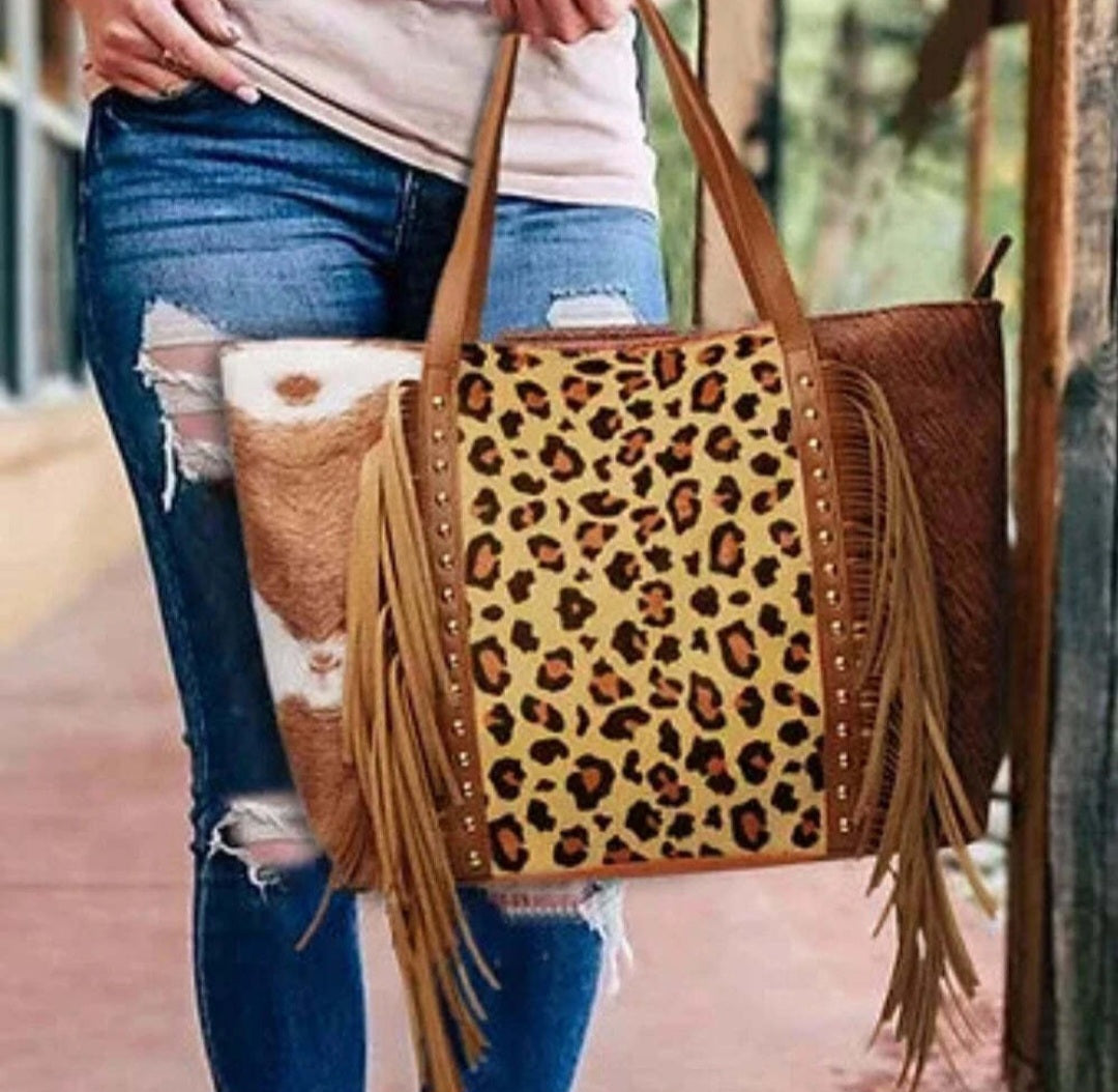 Brown Cow & Leopard Fringe Handbag