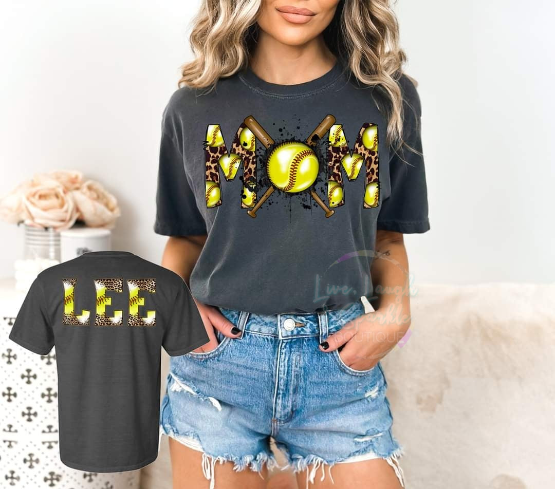 Gray tee with softball, leopard, and bats with word mom on front and name on back.