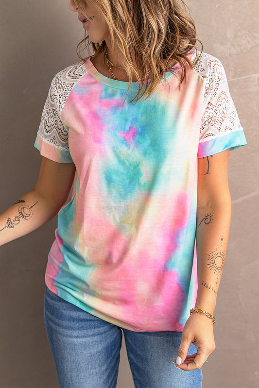 Tie-Dye Spliced Lace Raglan Sleeve Tee- Medium