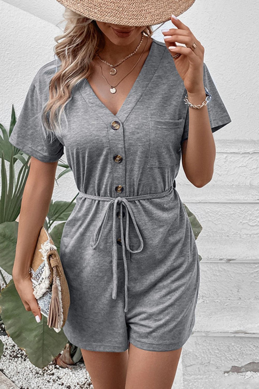 V-Neck Short Sleeve Tied Romper- Large