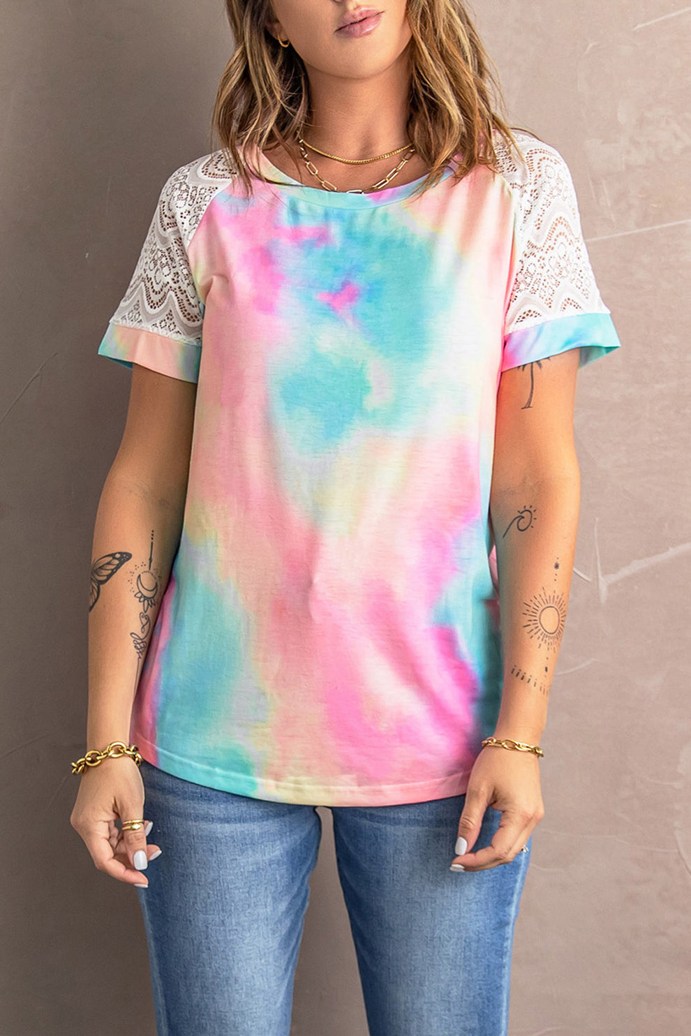 Tie-Dye Spliced Lace Raglan Sleeve Tee- Medium