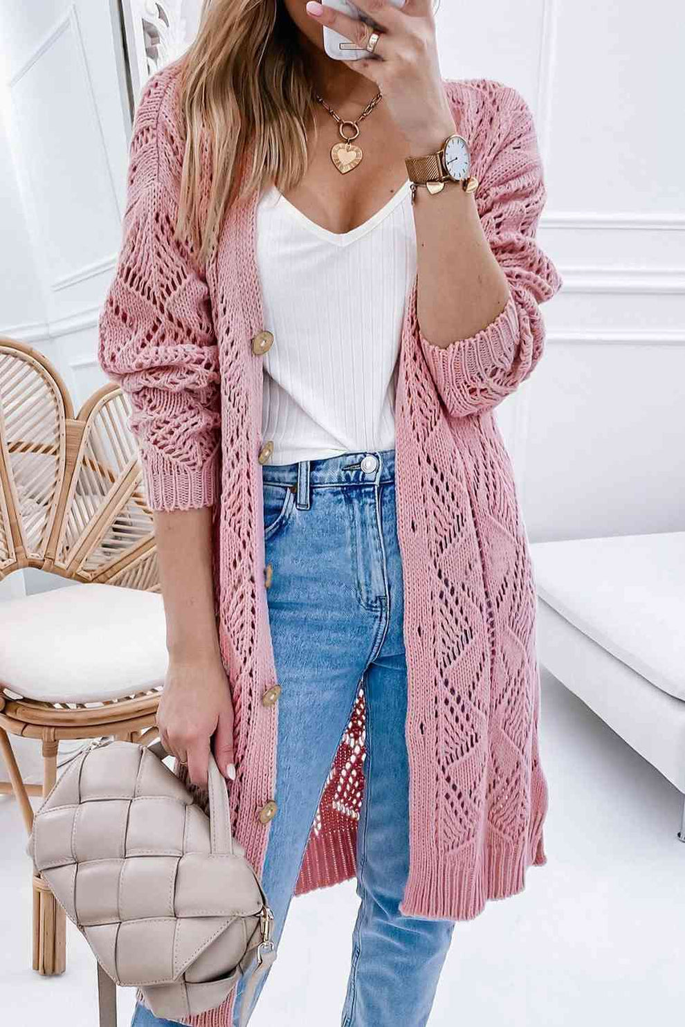 V-Neck Long Sleeve Cardigan- Large