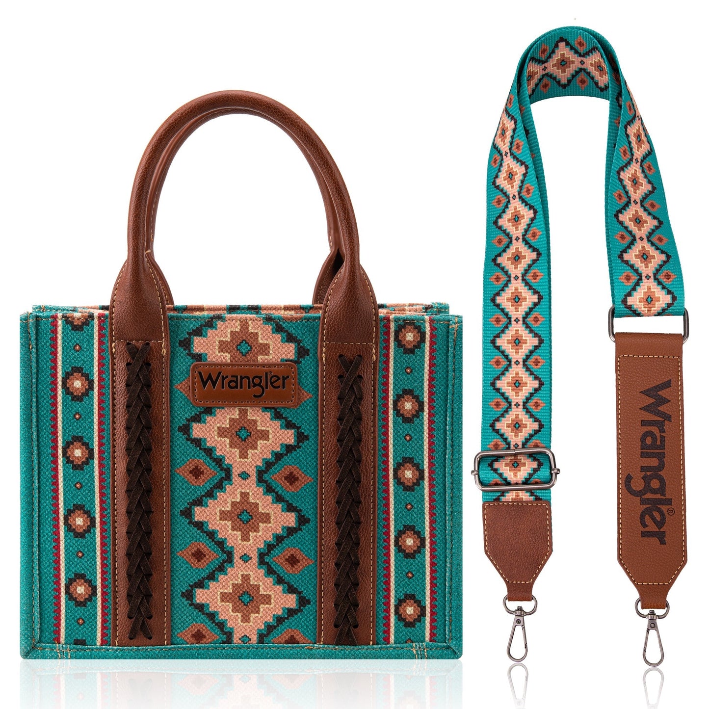 Wrangler Southwestern Print Small Canvas Tote/Crossbody -Turquoise