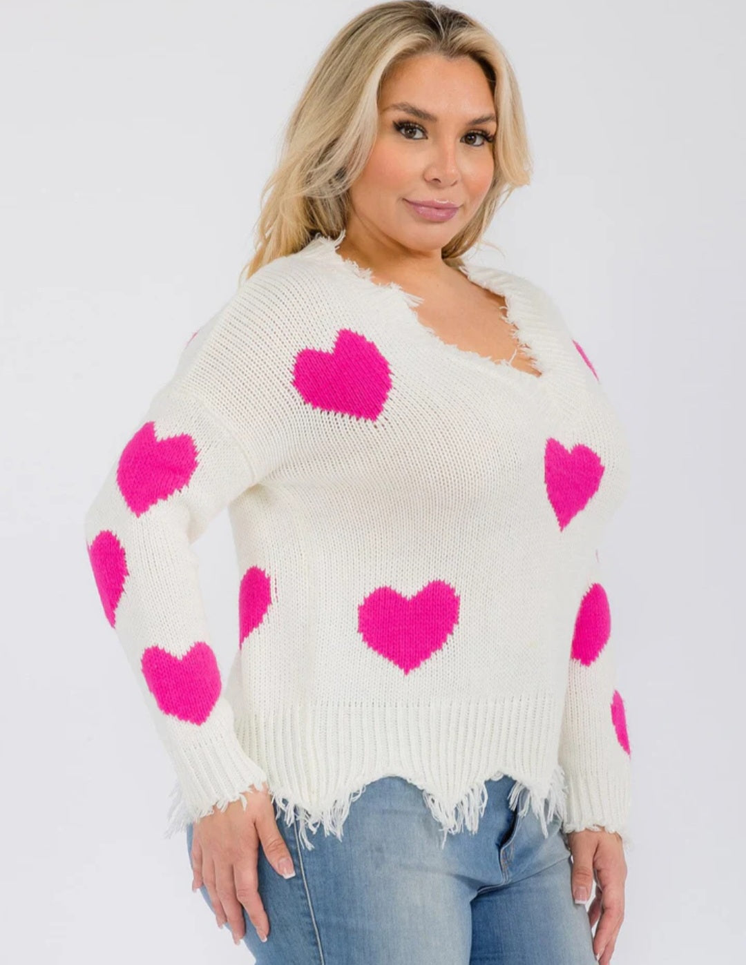 White & Pink Heart Distressed Sweater- Large