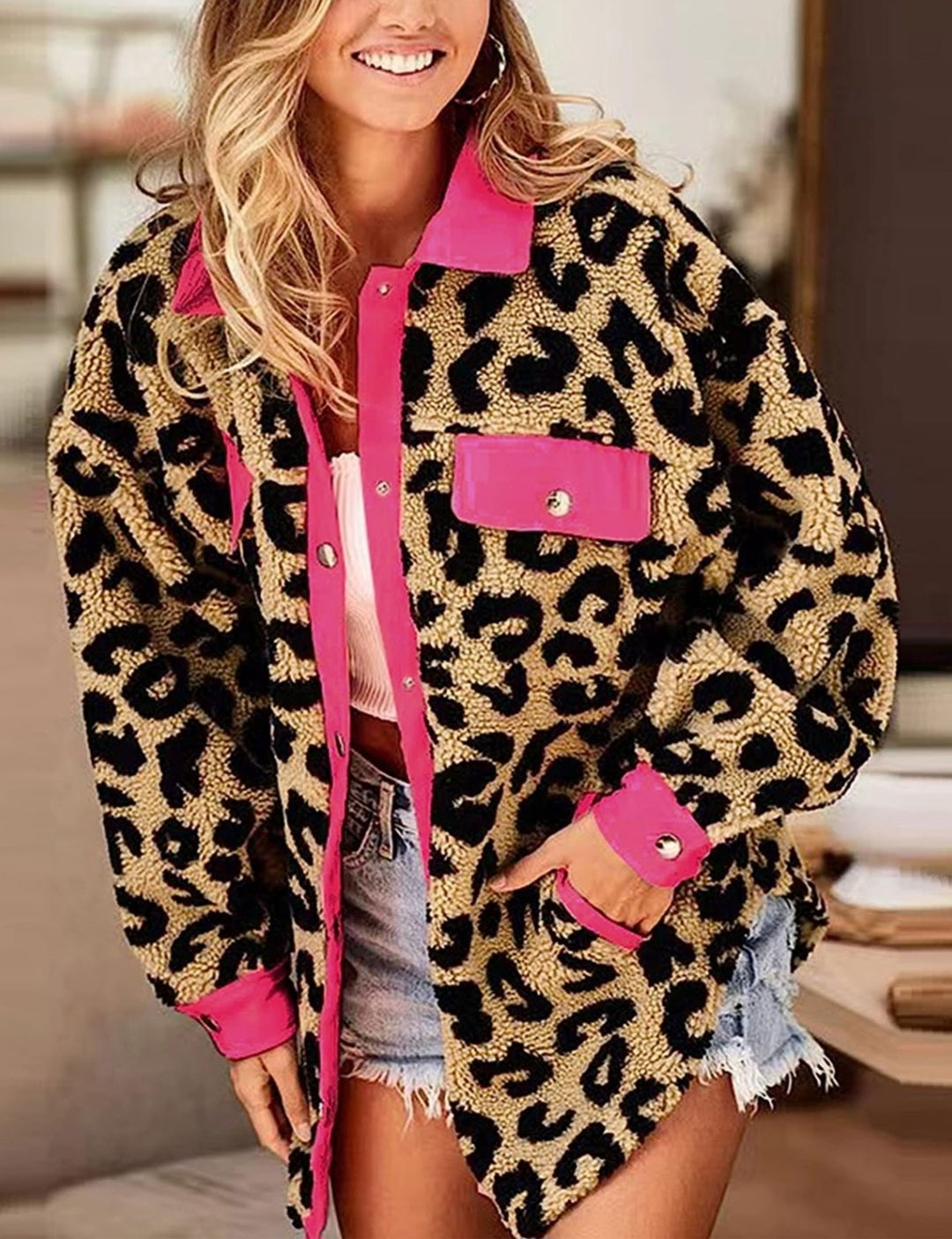 Sasha Pink & Leopard Teddy Oversized Jacket