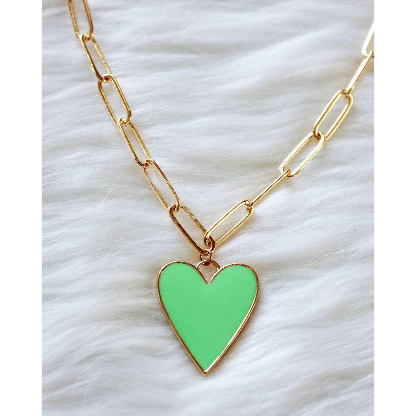 Green with Envy- Paperclip Chain Enamel Heart Necklace