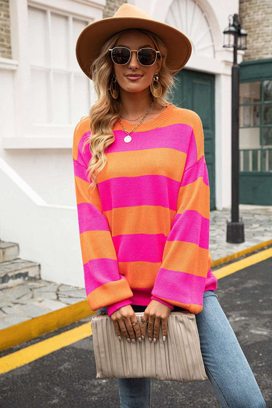 Striped Balloon Sleeve Knit Sweater- Large