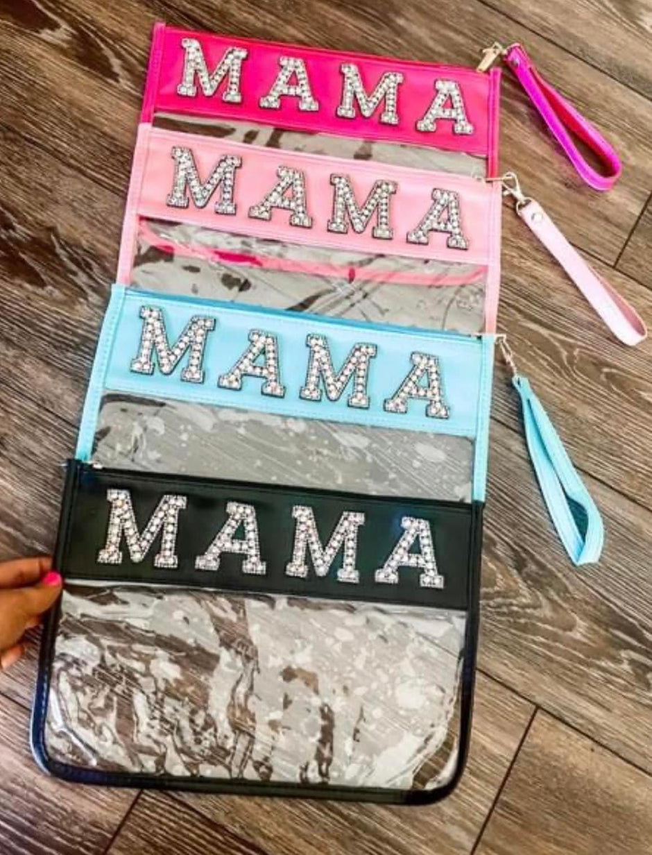 Mama Rhinestone Clear Wristlet Bag