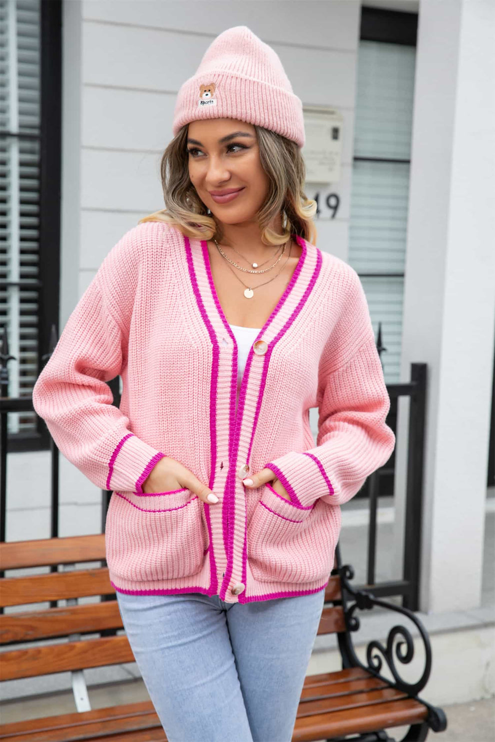 Waffle Knit V-Neck Cardigan with Pocket- Large