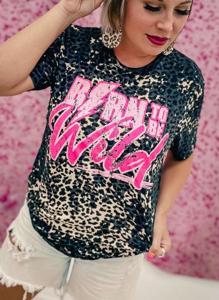 Black leopard tee with bleach distressing with pink words Born to be Wild on it.