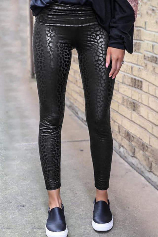 Black leopard print leggings. 